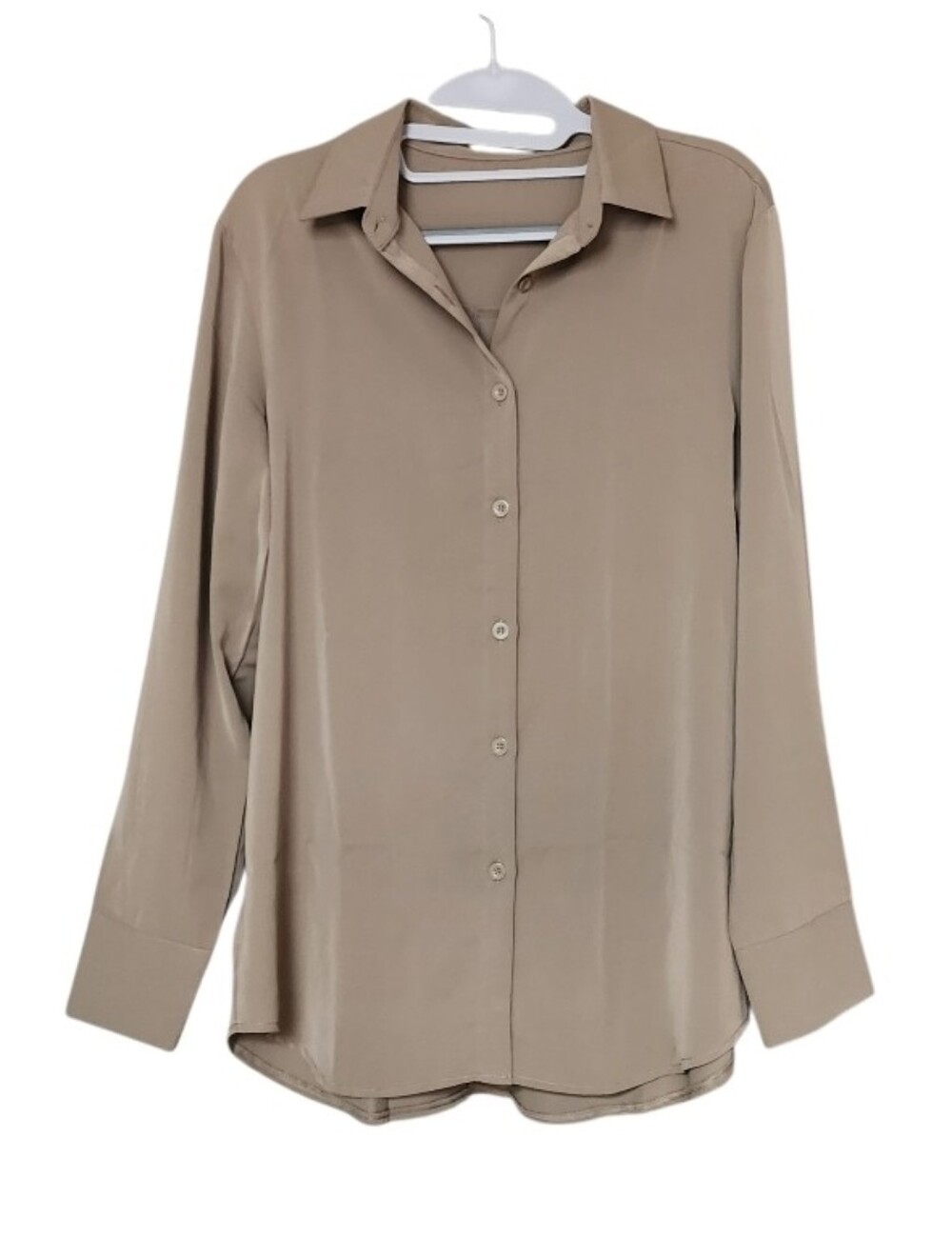 Classic Long-Sleeve Button Front Blouse - Taupe